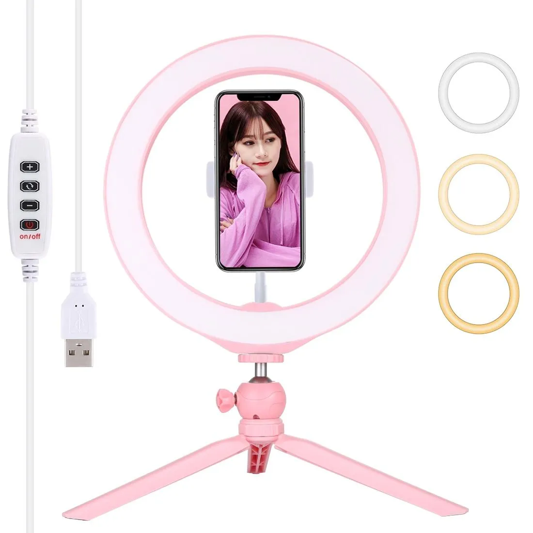 10.2" Selfie Beauty Light with Tripod Mount & USB 3 Modes Dimmable LED Ring for Vlogging & Photography | Cold Shoe Ball Head & Phone Clamp | Pink
