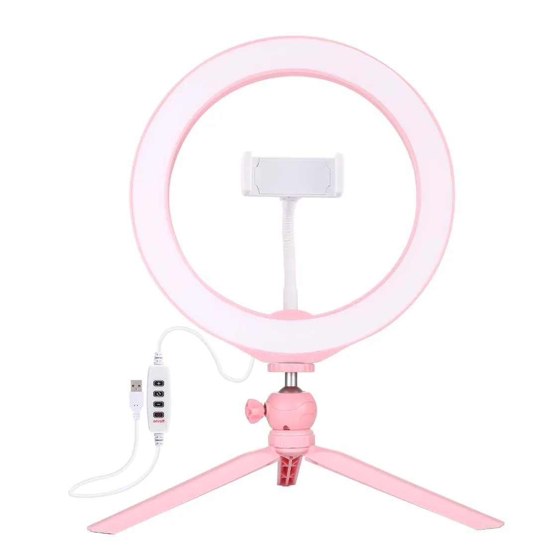 10.2" Selfie Beauty Light with Tripod Mount & USB 3 Modes Dimmable LED Ring for Vlogging & Photography | Cold Shoe Ball Head & Phone Clamp | Pink