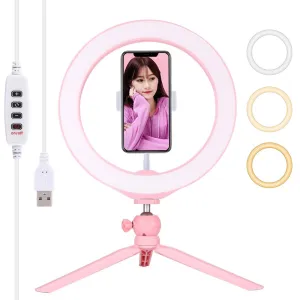 10.2" Selfie Beauty Light with Tripod Mount & USB 3 Modes Dimmable LED Ring for Vlogging & Photography | Cold Shoe Ball Head & Phone Clamp | Pink