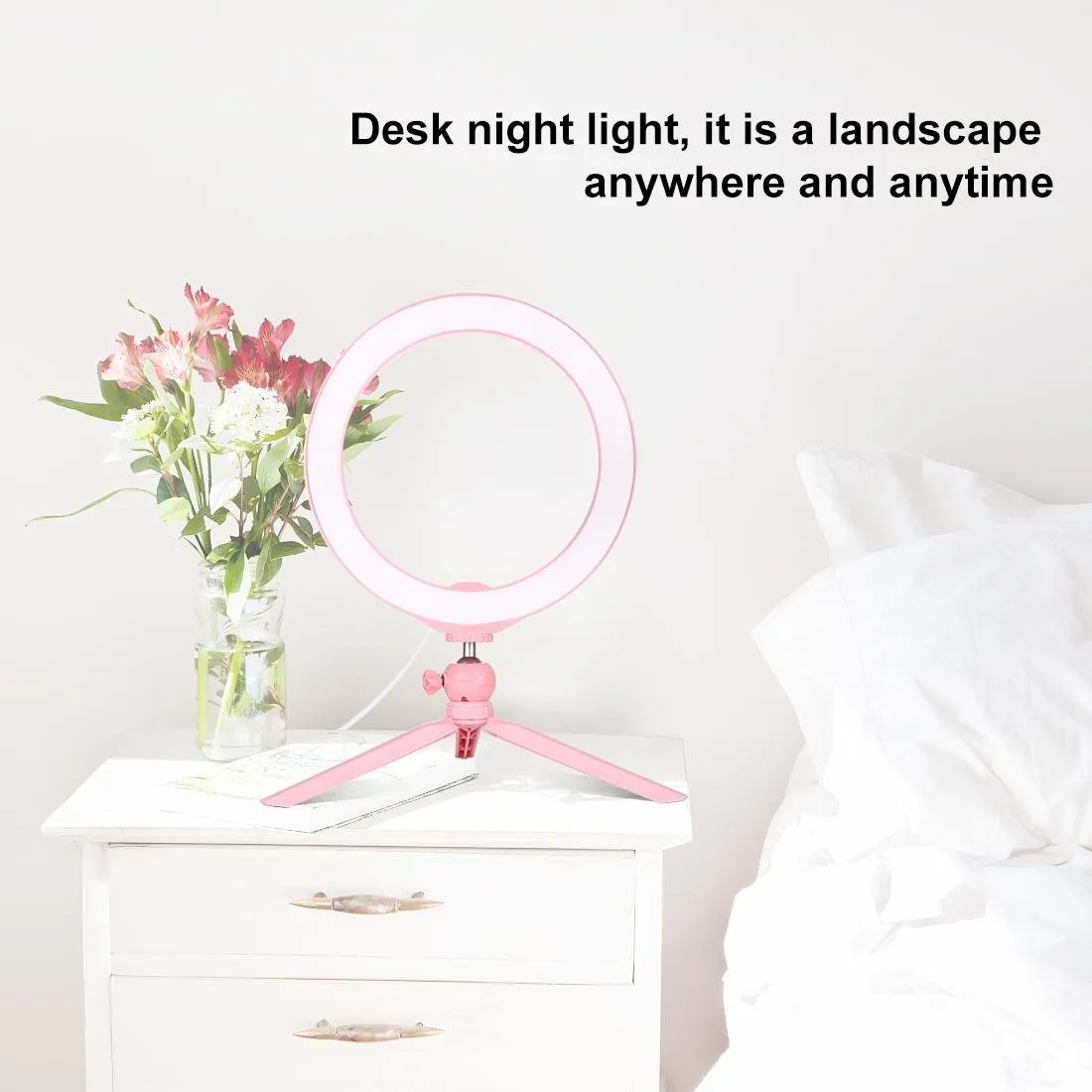 10.2" Selfie Beauty Light with Tripod Mount & USB 3 Modes Dimmable LED Ring for Vlogging & Photography | Cold Shoe Ball Head & Phone Clamp | Pink