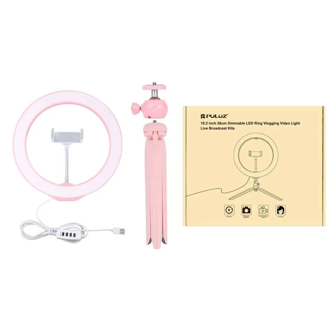 10.2" Selfie Beauty Light with Tripod Mount & USB 3 Modes Dimmable LED Ring for Vlogging & Photography | Cold Shoe Ball Head & Phone Clamp | Pink