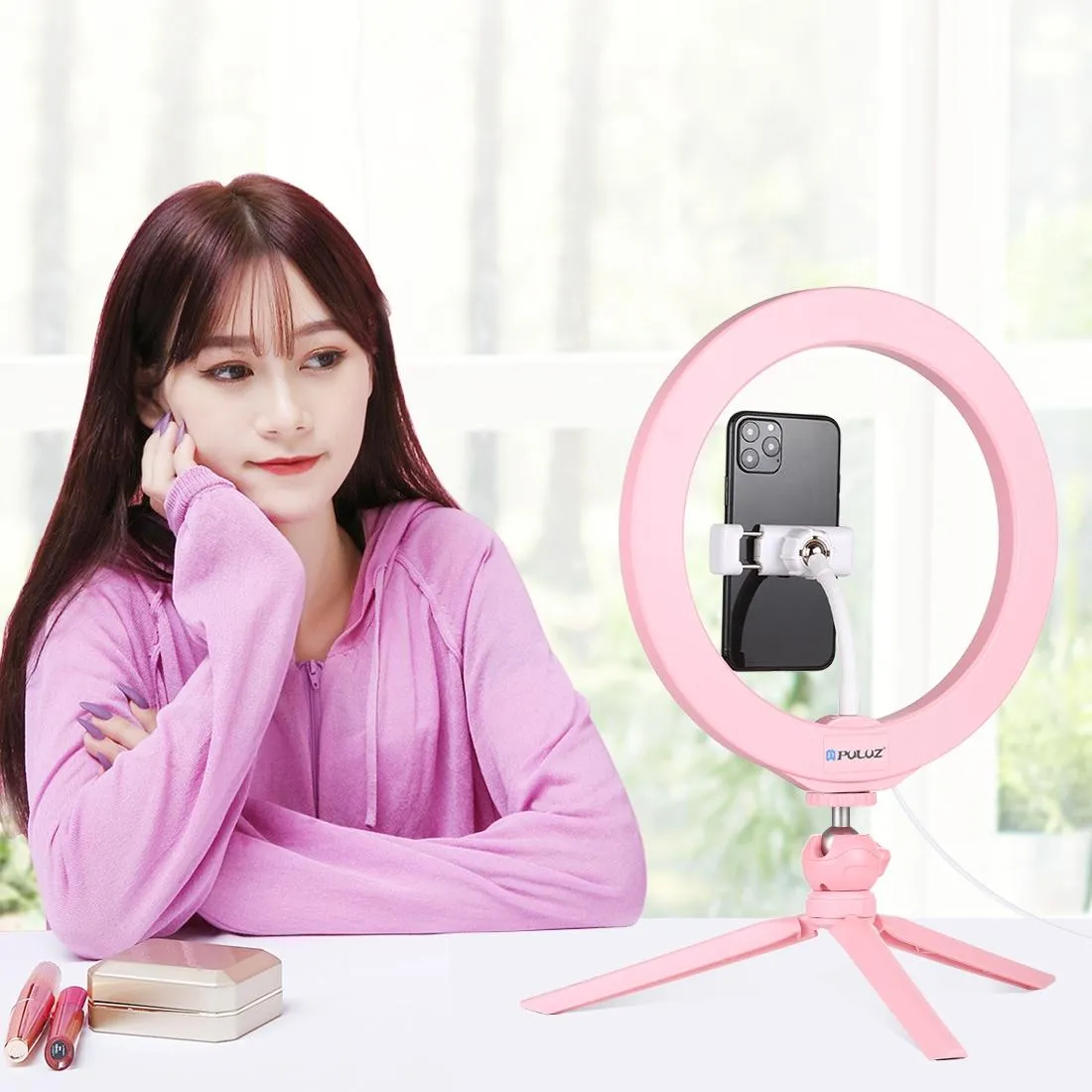 10.2" Selfie Beauty Light with Tripod Mount & USB 3 Modes Dimmable LED Ring for Vlogging & Photography | Cold Shoe Ball Head & Phone Clamp | Pink