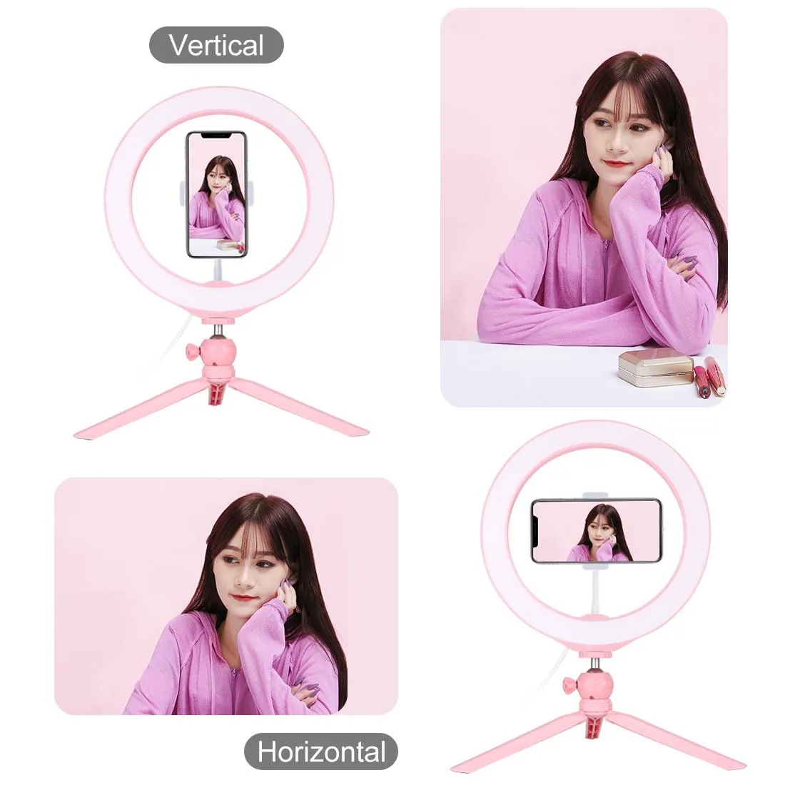 10.2" Selfie Beauty Light with Tripod Mount & USB 3 Modes Dimmable LED Ring for Vlogging & Photography | Cold Shoe Ball Head & Phone Clamp | Pink