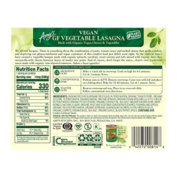 Amy's - Vegetable Lasagne with Daiya Vegan Cheeze (GF), 9oz
