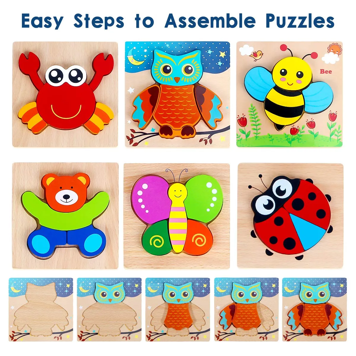 Animal Adventure Puzzles: Engaging 6-Pack Wooden Puzzles for Toddlers’ Learning Fun