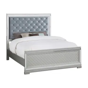 Axl Queen Size Bed, Tufted Headboard, Mirror Trim, Silver Velvet Upholstery By Casagear Home