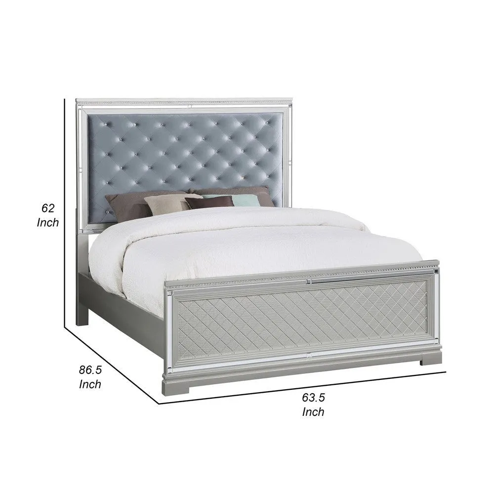 Axl Queen Size Bed, Tufted Headboard, Mirror Trim, Silver Velvet Upholstery By Casagear Home