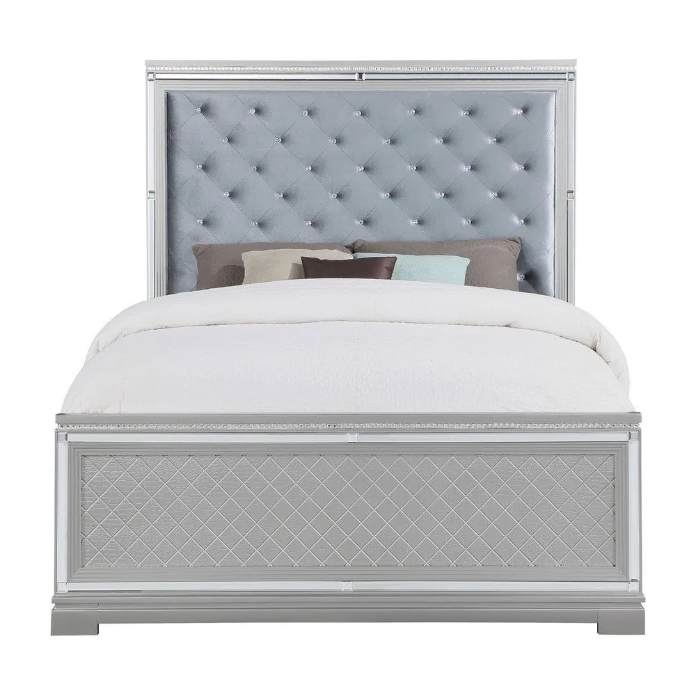 Axl Queen Size Bed, Tufted Headboard, Mirror Trim, Silver Velvet Upholstery By Casagear Home