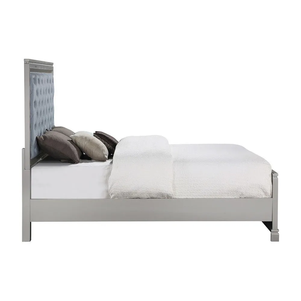 Axl Queen Size Bed, Tufted Headboard, Mirror Trim, Silver Velvet Upholstery By Casagear Home