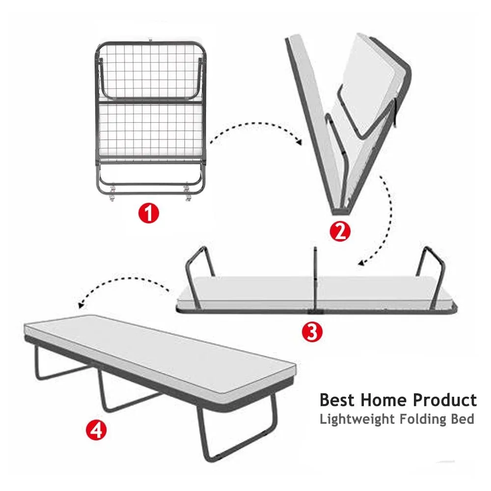 Best Home Product Folding Bed Frame with Wheels, Rollaway Bed with Mattress Portable Twin Bed 350 lb for Adults (75 in x 30 in x 11 in)