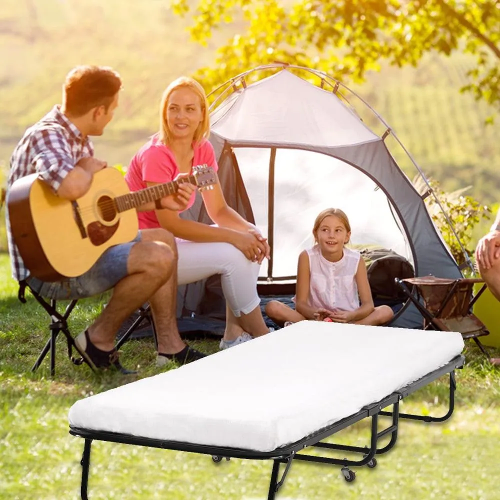 Best Home Product Folding Bed Frame with Wheels, Rollaway Bed with Mattress Portable Twin Bed 350 lb for Adults (75 in x 30 in x 11 in)