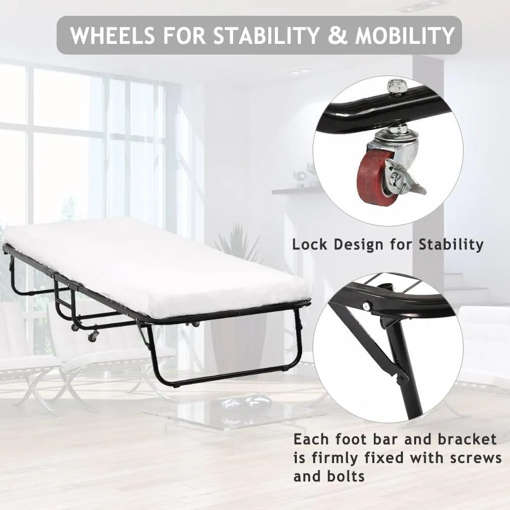 Best Home Product Folding Bed Frame with Wheels, Rollaway Bed with Mattress Portable Twin Bed 350 lb for Adults (75 in x 30 in x 11 in)