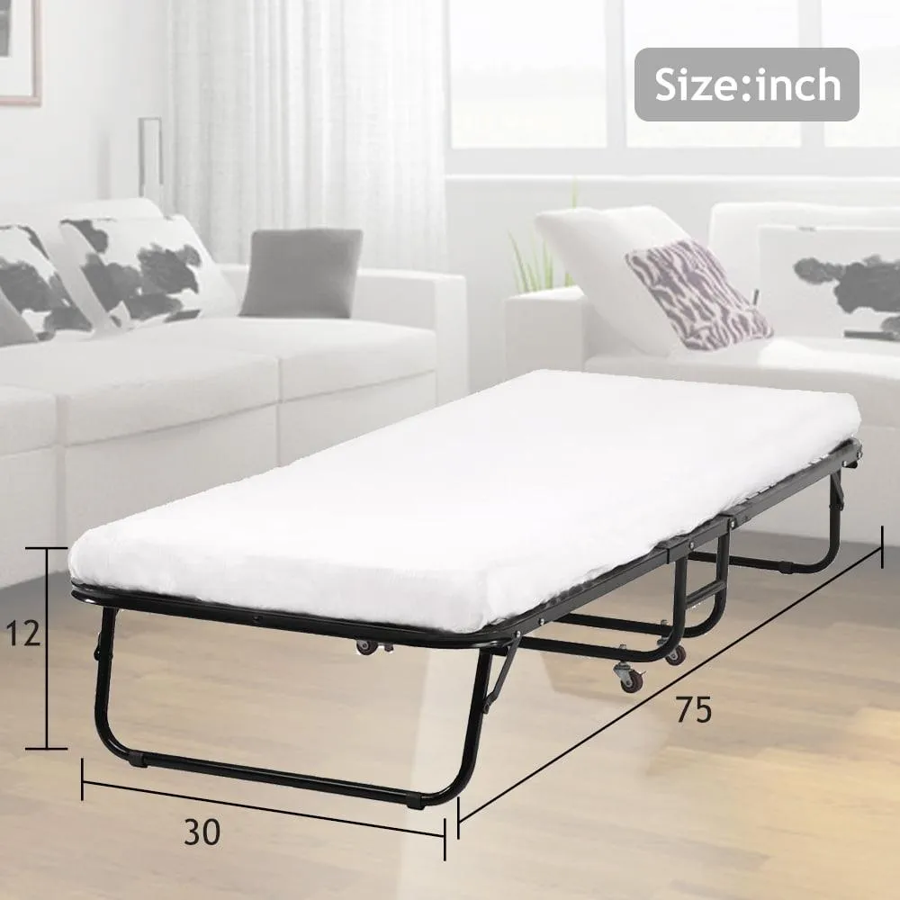 Best Home Product Folding Bed Frame with Wheels, Rollaway Bed with Mattress Portable Twin Bed 350 lb for Adults (75 in x 30 in x 11 in)