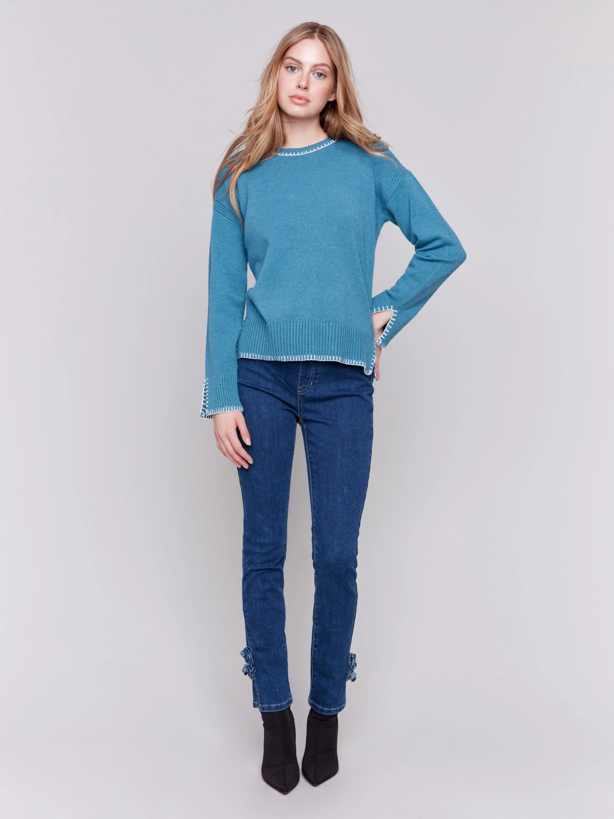 Blanket Stitch Sweater - Peacock - H-Peacock