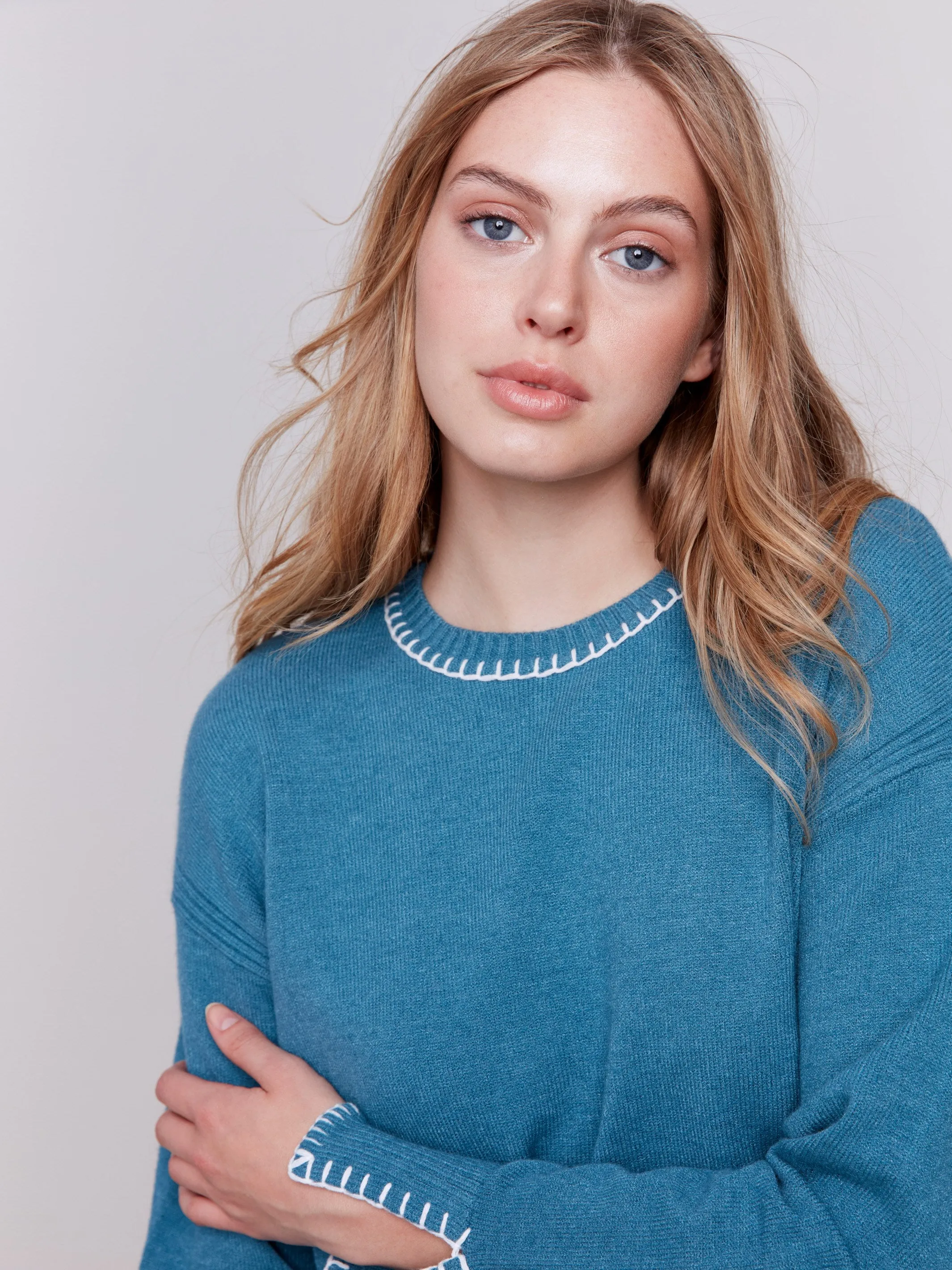 Blanket Stitch Sweater - Peacock - H-Peacock