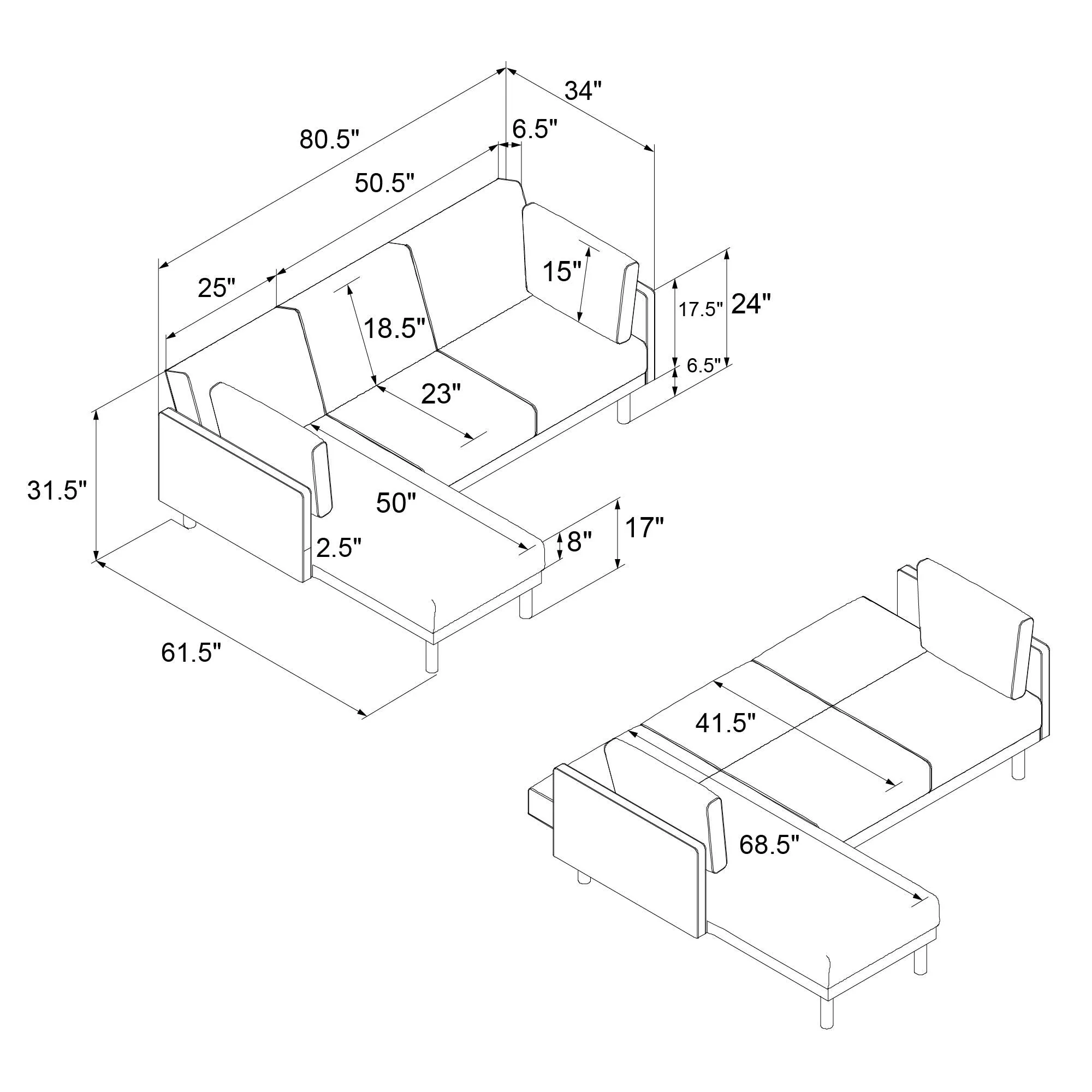 Dorel Home Clair Sprung Seat Sectional Sofa Bed