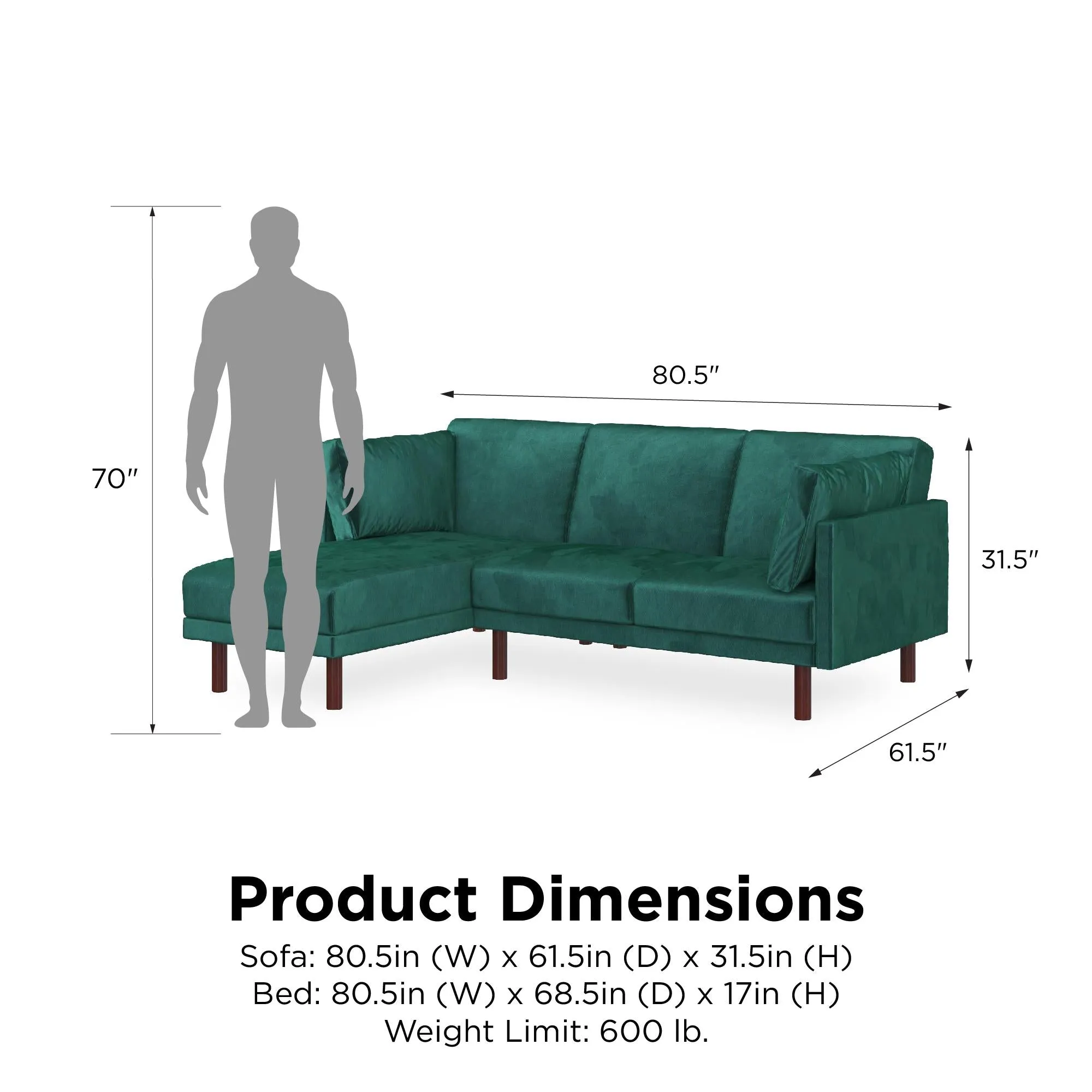 Dorel Home Clair Sprung Seat Sectional Sofa Bed