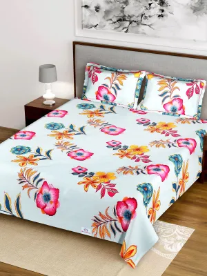 Heart Home Flower Printed Luxurious Soft Breathable & Comfortable Glace Cotton Double Bedsheet with 2 Pillow Covers (Light Green)-HS43HEARTH26801
