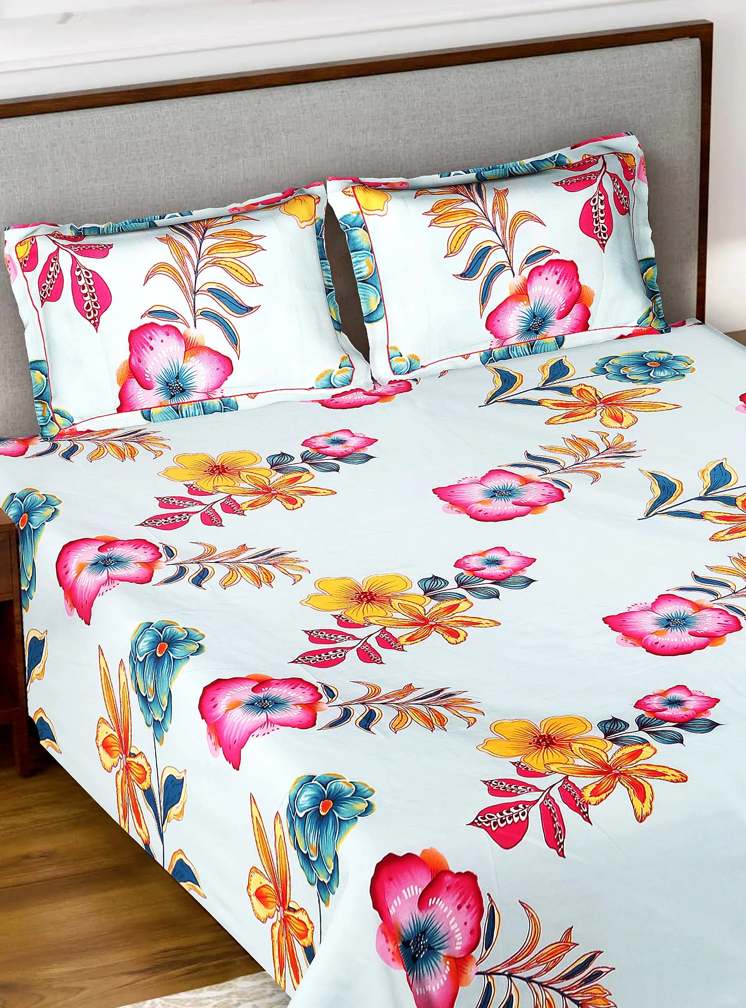 Heart Home Flower Printed Luxurious Soft Breathable & Comfortable Glace Cotton Double Bedsheet with 2 Pillow Covers (Light Green)-HS43HEARTH26801