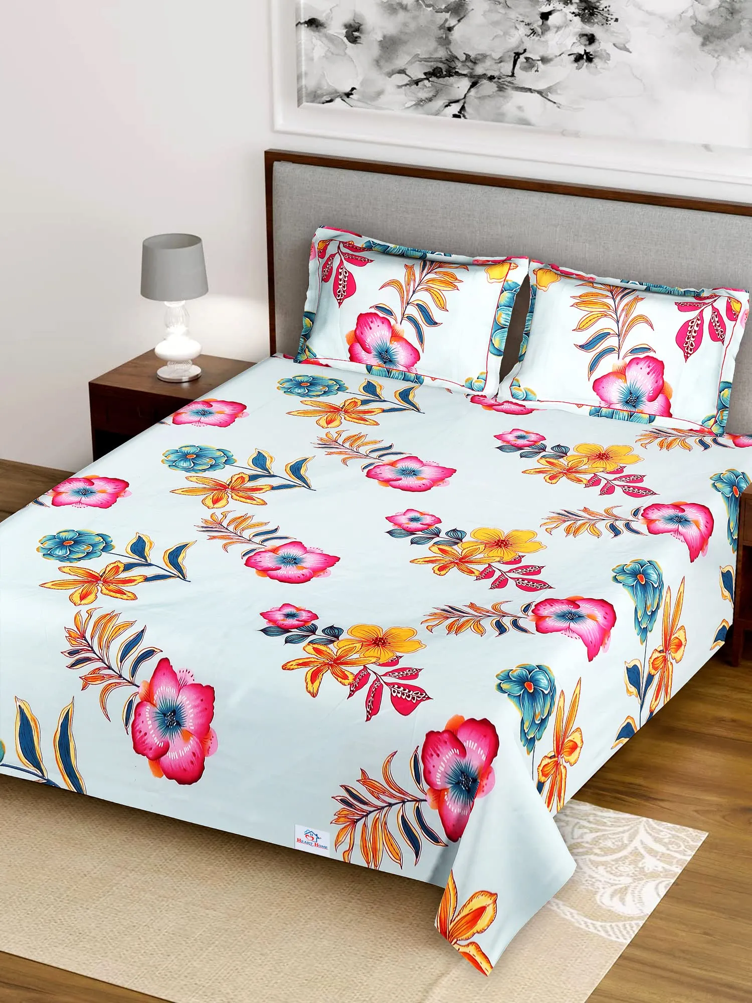 Heart Home Flower Printed Luxurious Soft Breathable & Comfortable Glace Cotton Double Bedsheet with 2 Pillow Covers (Light Green)-HS43HEARTH26801