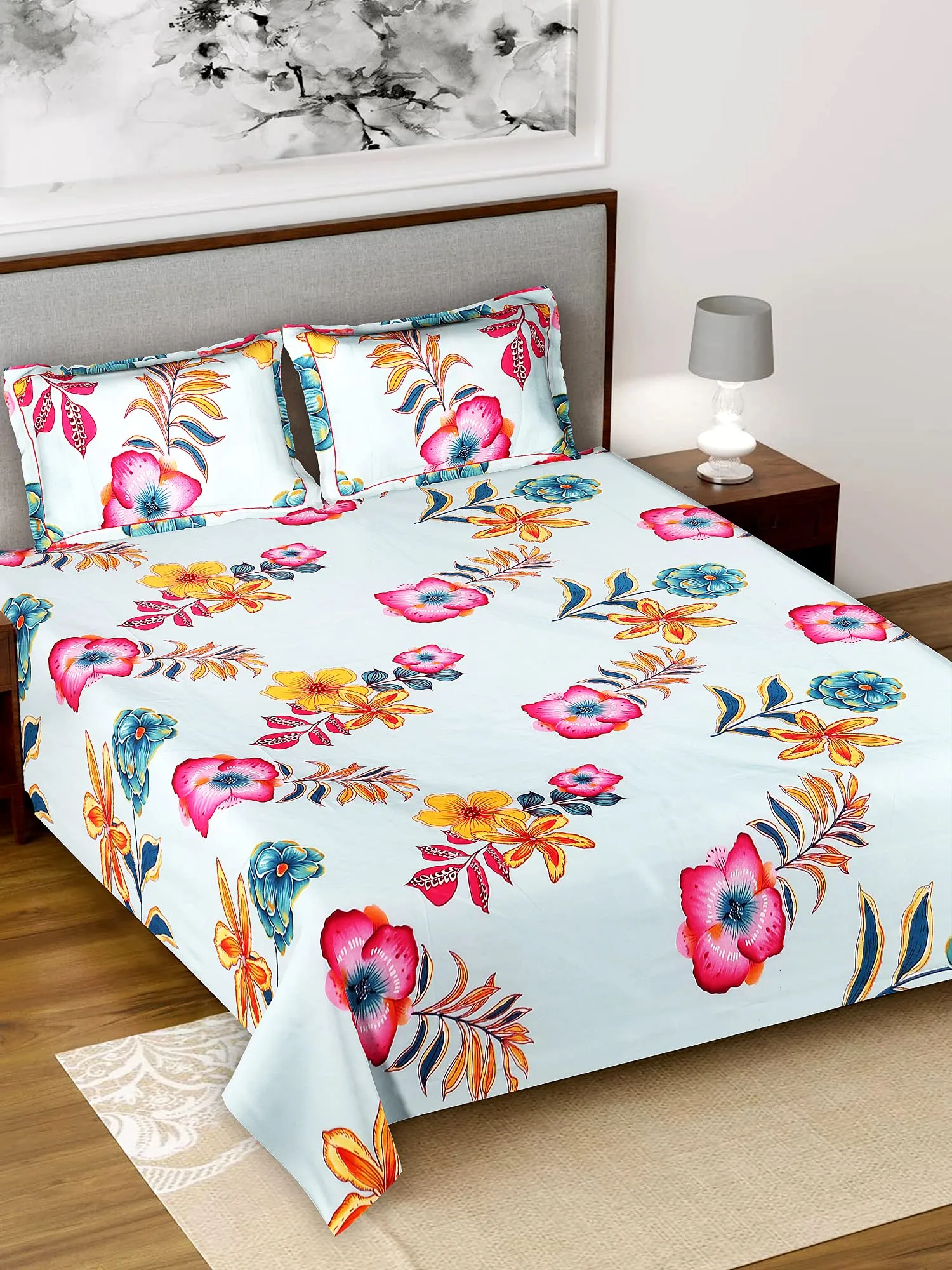 Heart Home Flower Printed Luxurious Soft Breathable & Comfortable Glace Cotton Double Bedsheet with 2 Pillow Covers (Light Green)-HS43HEARTH26801