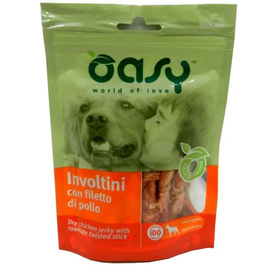 Oasy snacks Chicken Jerky with Rawhide twisted stick (Involtini filletto di pollo)