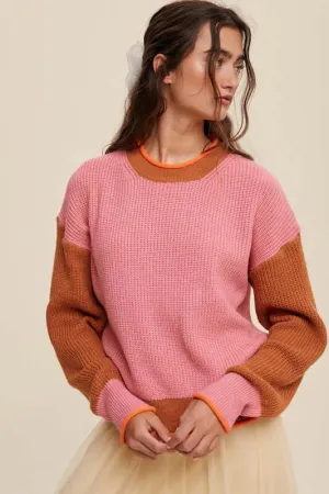 Pink Color Block Ribbed Knit Sweater