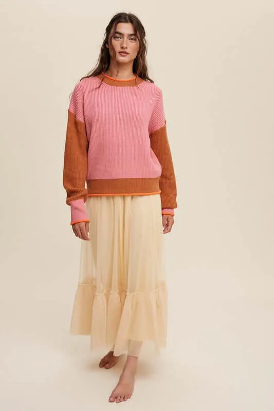 Pink Color Block Ribbed Knit Sweater