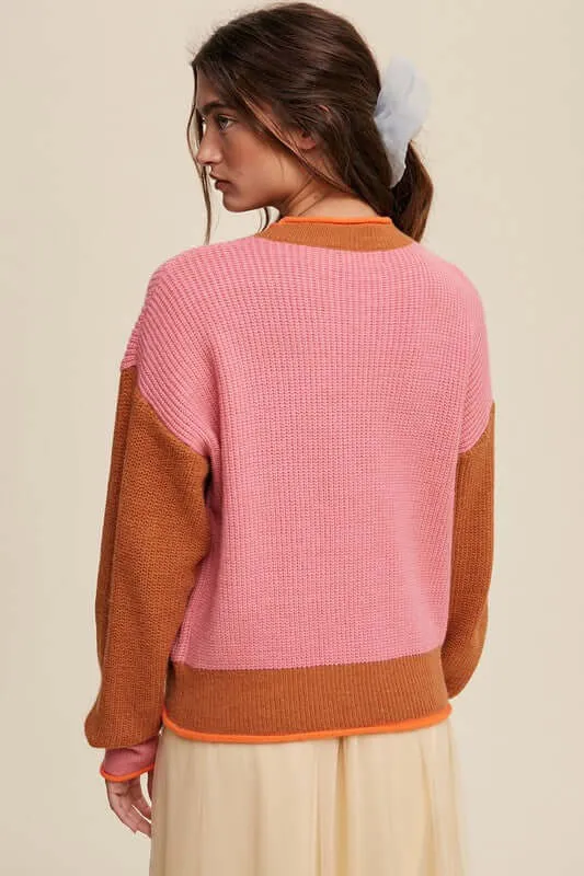 Pink Color Block Ribbed Knit Sweater