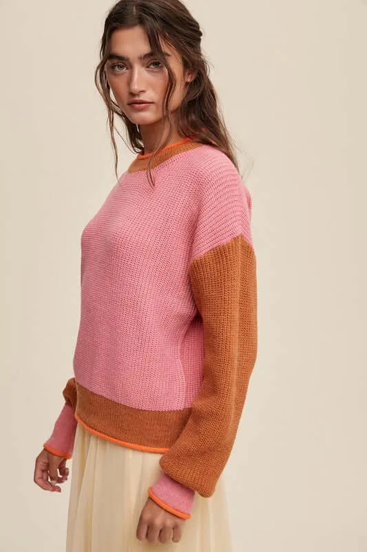 Pink Color Block Ribbed Knit Sweater