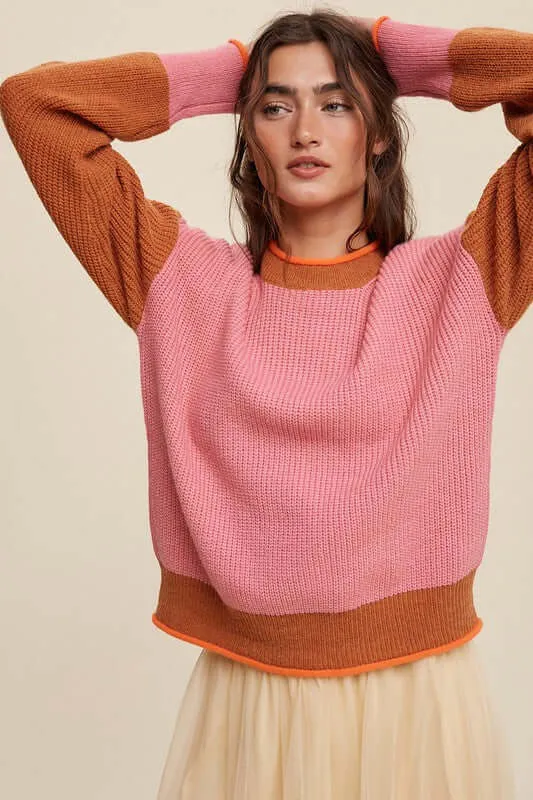 Pink Color Block Ribbed Knit Sweater
