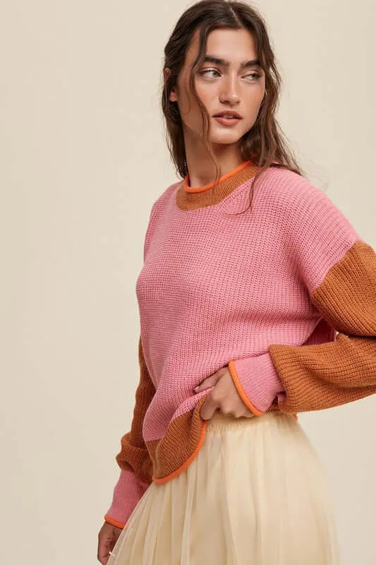 Pink Color Block Ribbed Knit Sweater