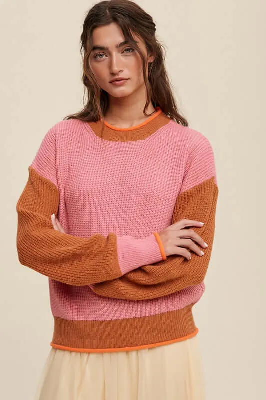 Pink Color Block Ribbed Knit Sweater