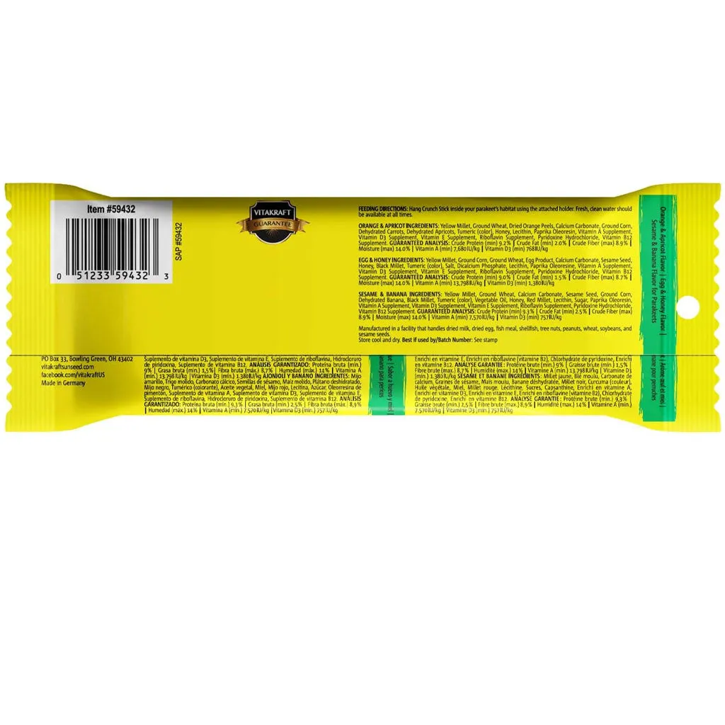 Vitakraft Crunch Sticks Honey, Egg, Orange, Apricot, Sesame & Banana Variety Pack Treats for Parakeets, 3 Sitcks